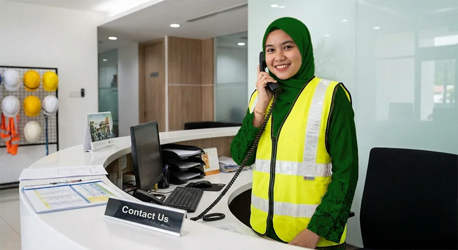 A friendly customer service representative in a safety vest answering inquiries about professional forklift training and certification.
