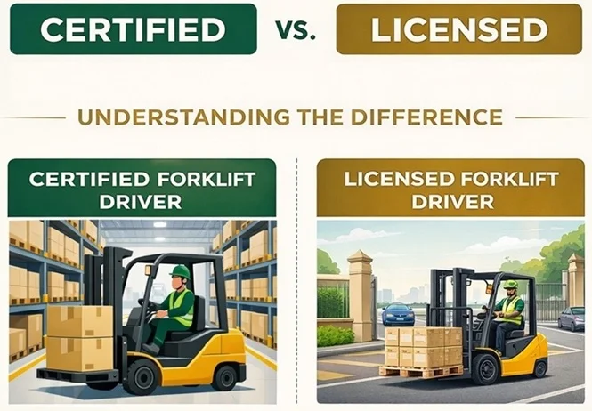 nfographic comparing a certified forklift driver in a warehouse vs a licensed driver on public roads.