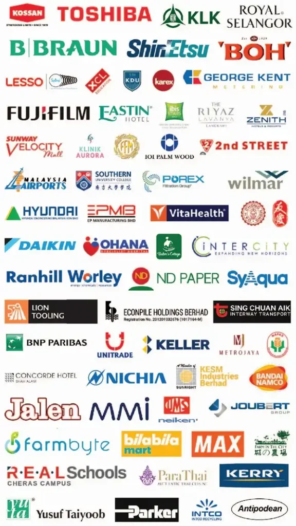 A collage of corporate logos representing prestigious clients who have completed forklift training and first aid training.