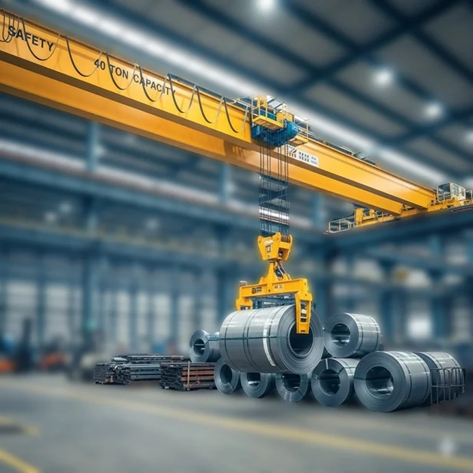 An overhead crane with a "40 TON CAPACITY" lifts a large steel coil from a stack in a factory.