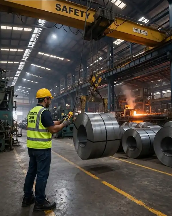 An operator using a pendant control during an overhead crane training session to lift a heavy steel coil.
