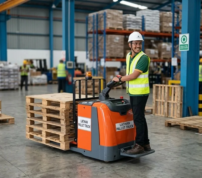 A Malaysian Malay operator wearing a safety helmet and vest demonstrating proper handling during a Pallet Truck Training session.